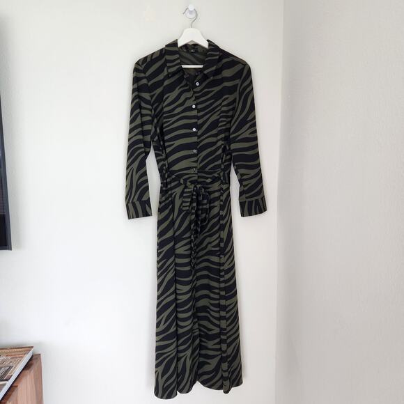 Ann Taylor Factory Green Black Zebra Print Button Front Belted Maxi Shirt Dress - Picture 9 of 9